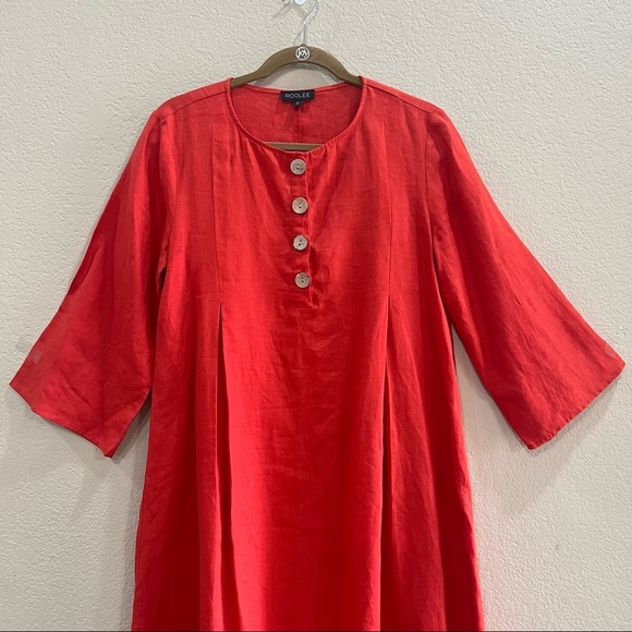 Roolee Womens 100% Linen Red Orange Button 3/4 Sleeve Modest Dress Sz M Cottage - Picture 3 of 10